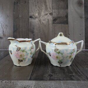 Antique Bavarian China Creamer & Sugar Bowl Set Germany White Rose Gilded